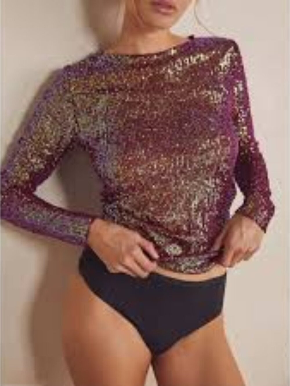 Free People Intimately Gold Rush Full Sequin Long Sleeve Mesh Top size XS